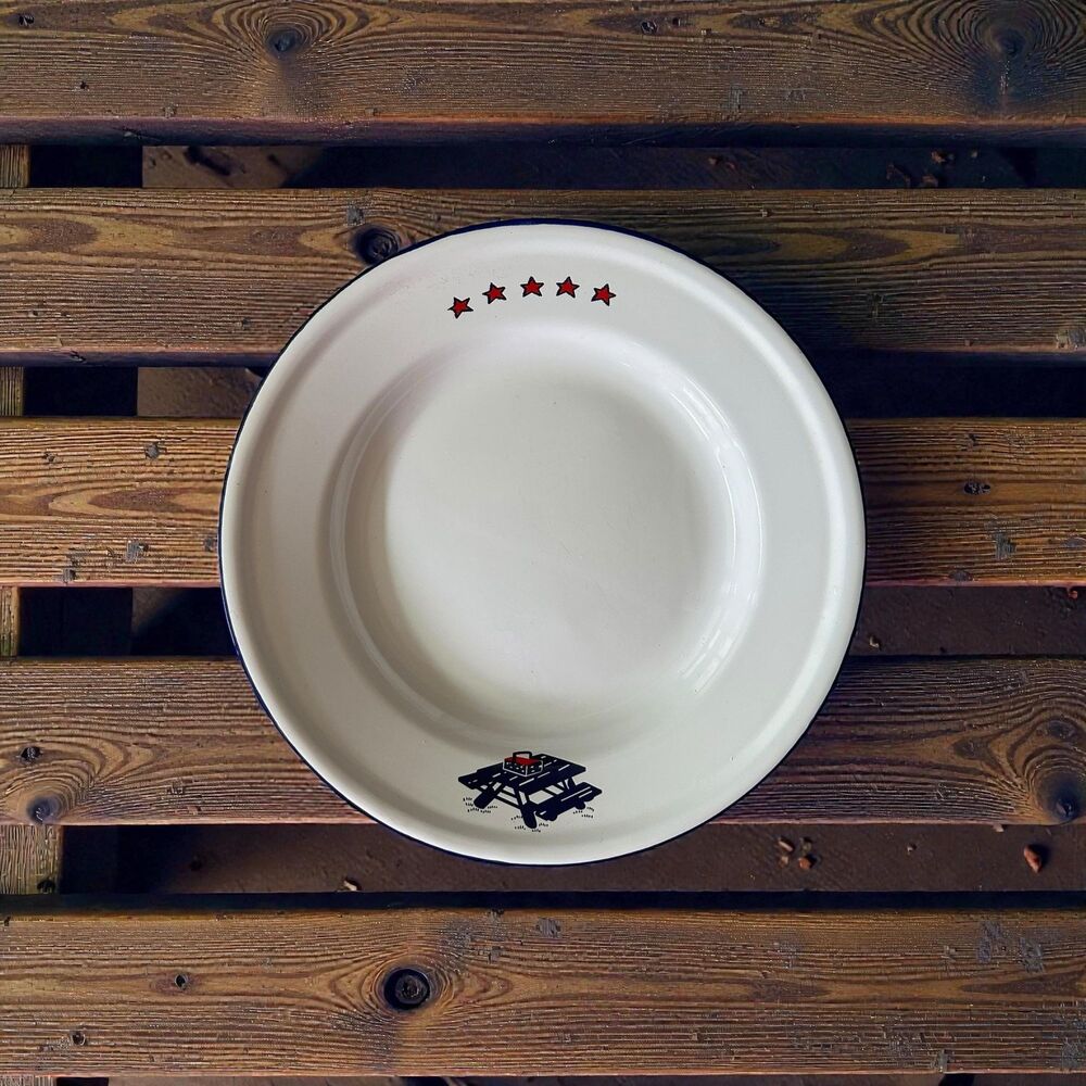 Vintage Taipro "Blue Picnic Table" Enamel Plate | 10" Mid-Century Camping Dish